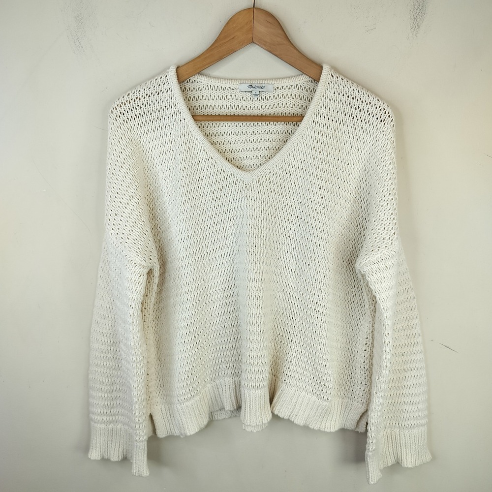 Madewell V-Neck Sweater Womens Small Airy Open Knit Boxy Cotton Blend Off White